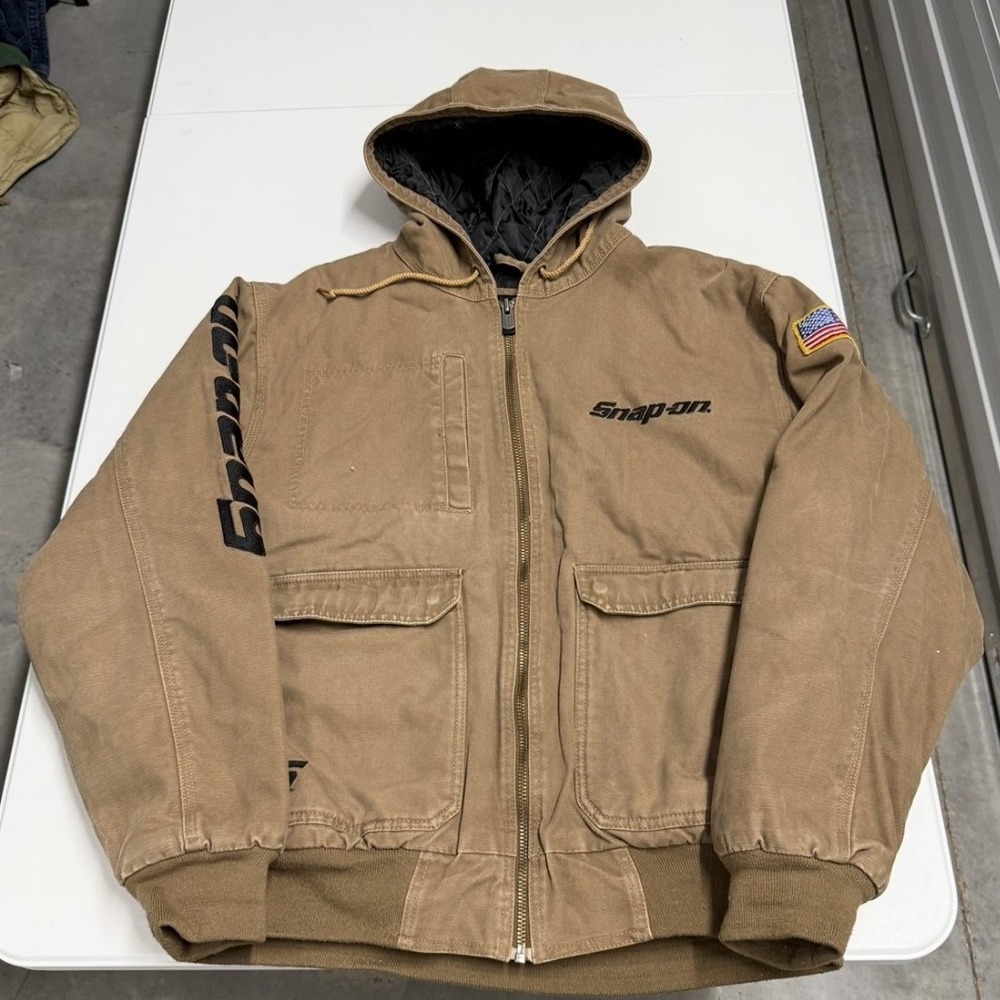 Snap-on Tools Hooded Work Jacket Mens Large Tan Good Quilted Canvas Embroidered